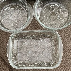 Vintage 3 Piece Fruit Engraved Design Serving Set ~ Oven Proof  ~ Thick Glass